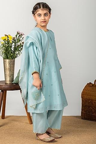 chalk blue embroidered kalidar kurta set for girls