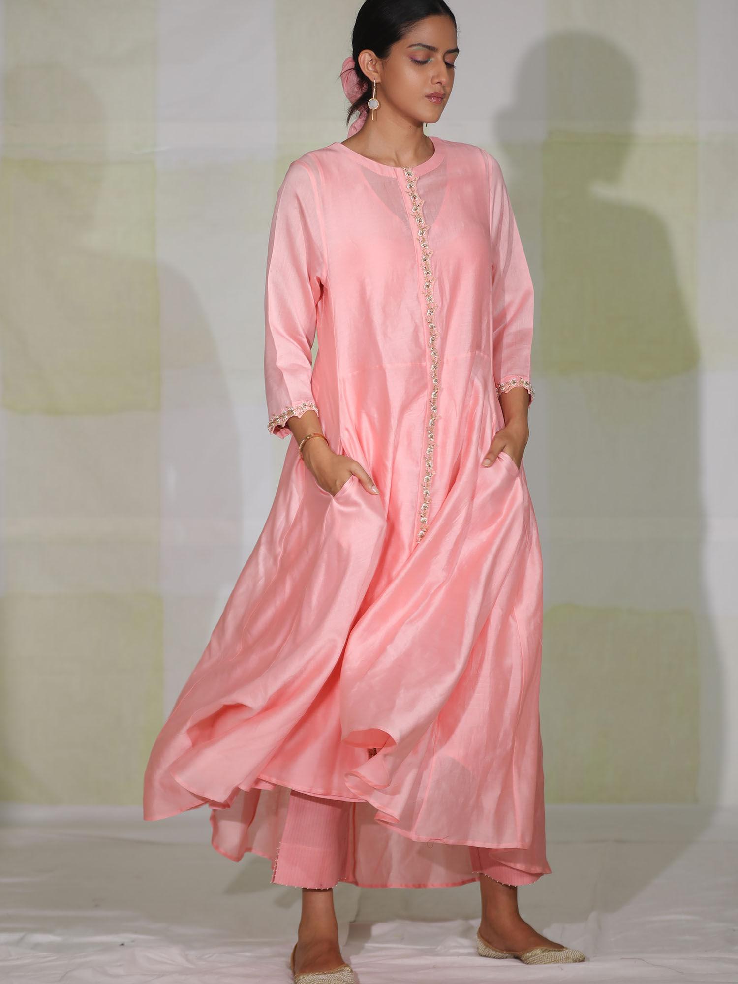 chalk pink high-low pocket kurta with pant (set of 2)