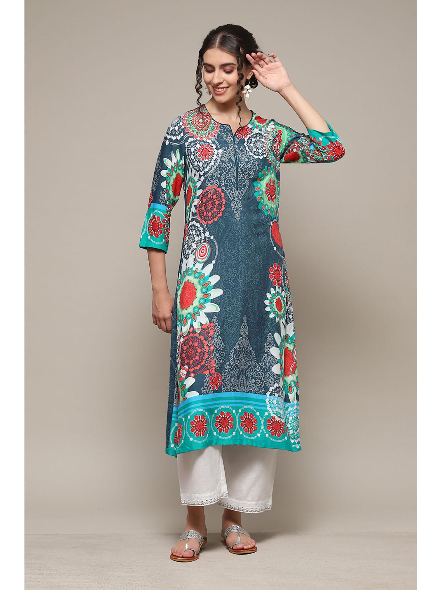 chalky teal rayon straight printed kurta