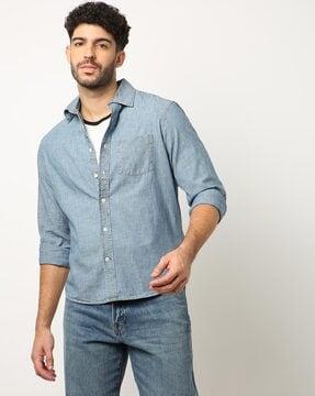 chambray denim shirt with patch pocket