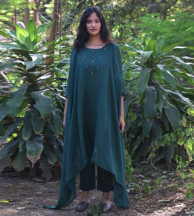 chambray & co shewli bloom emerald green kurta pant set