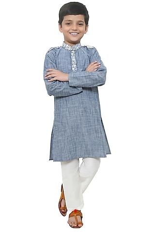 chambray blue cotton embroidered kurta set for boys