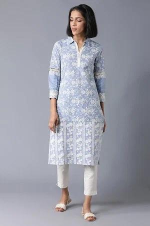 chambray blue floral printed kurta