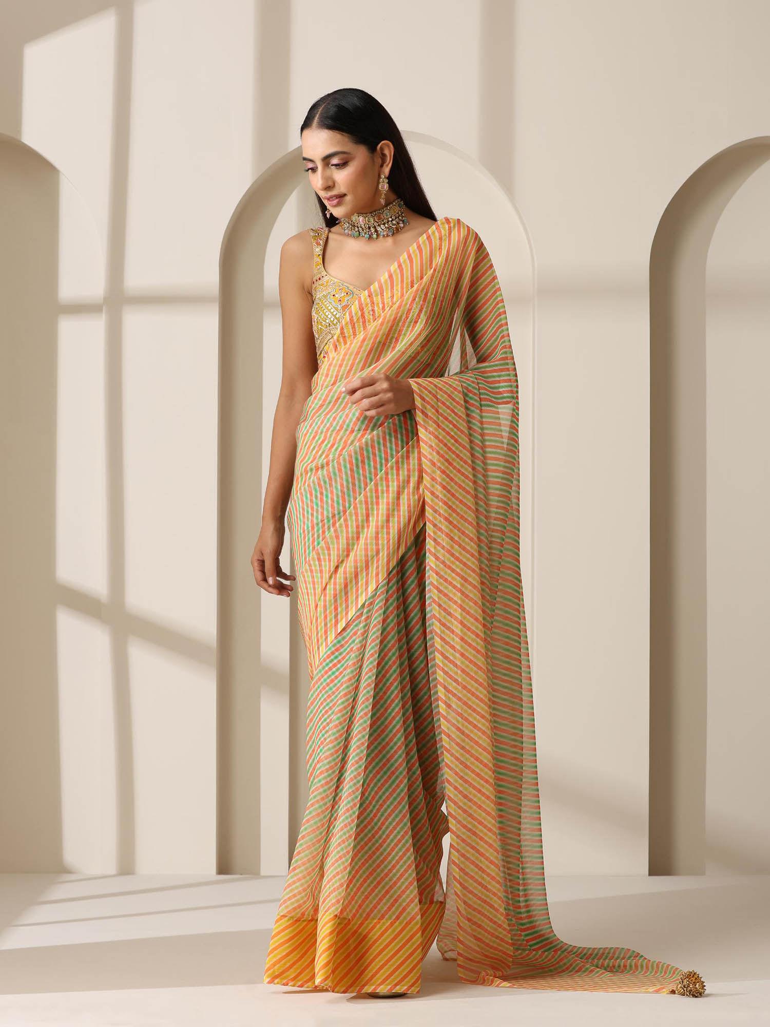 chameleon ombre stripes chiffon printed saree without blouse