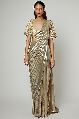 champagne gold lycra pre-pleated saree set