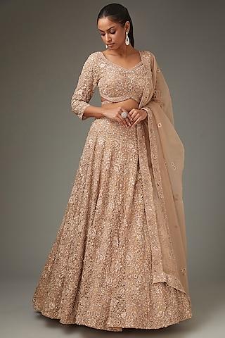 champagne net floral hand embroidered lehenga set