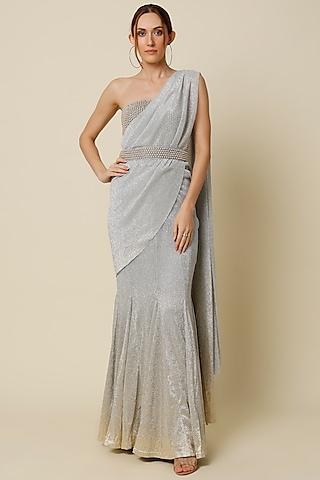 champagne silver ombre embellished draped saree set
