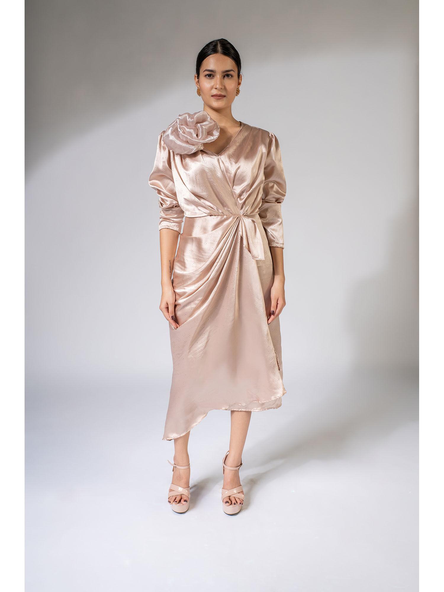 champagne asymmetrical midi dress with detachable 3d flower (set of 2)