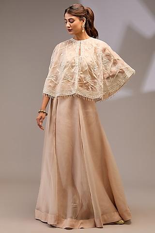 champagne beige organza hand embellished cape set