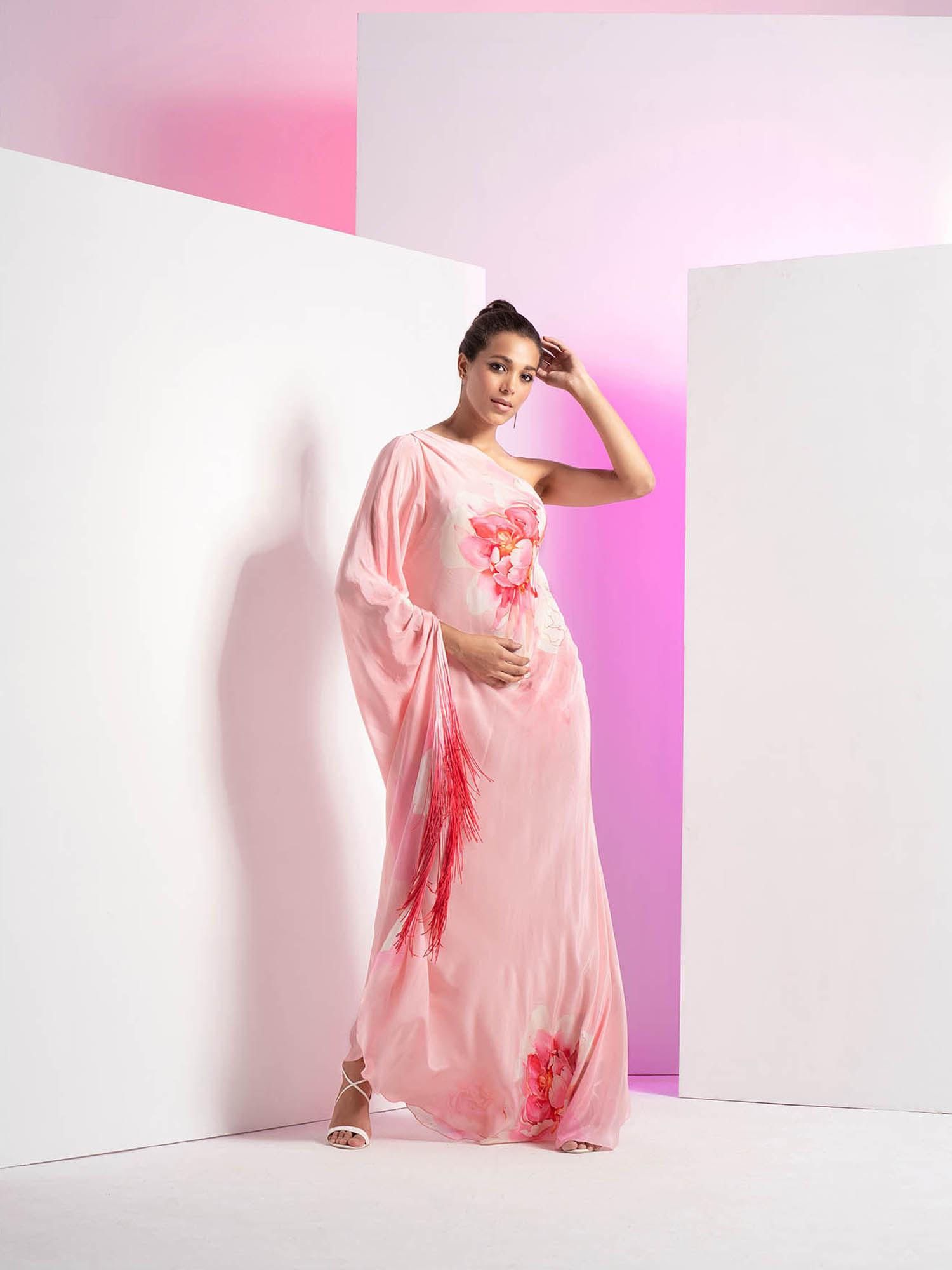 champagne blush off shoulder pleated floral maxi dress with ombre fringes