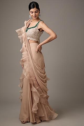 champagne chiffon & organza ruffled saree set