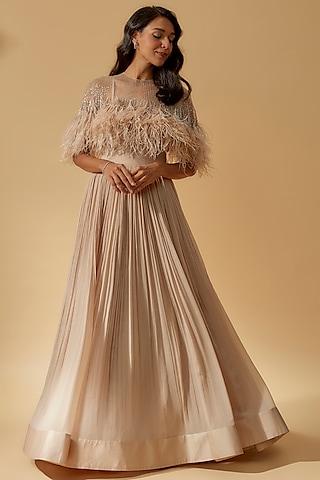 champagne chiffon anarkali with cape