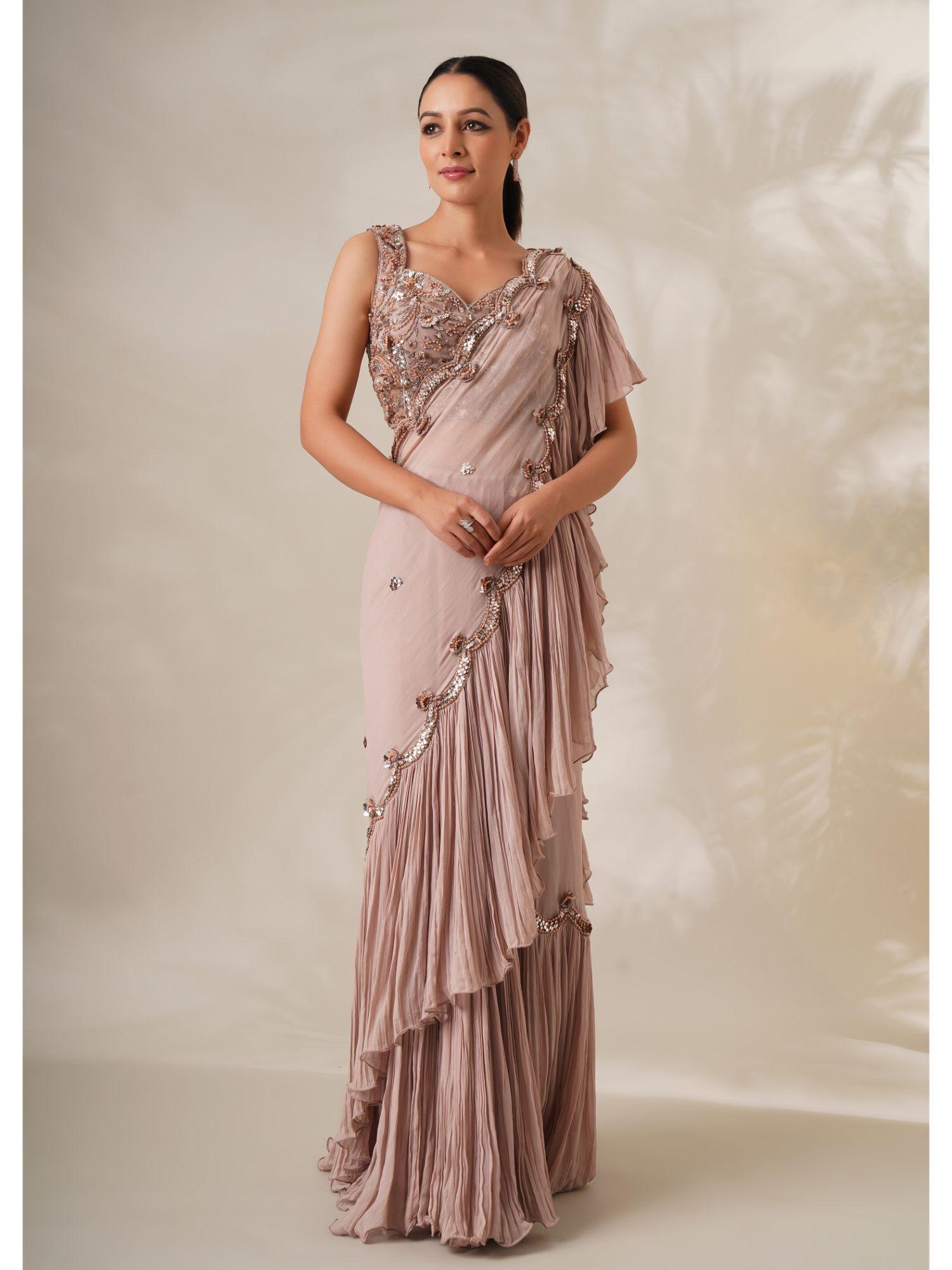 champagne embellished pre-drape saree with stitched blouse