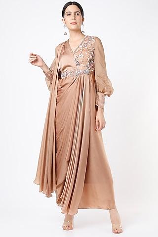 champagne embroidered draped gown