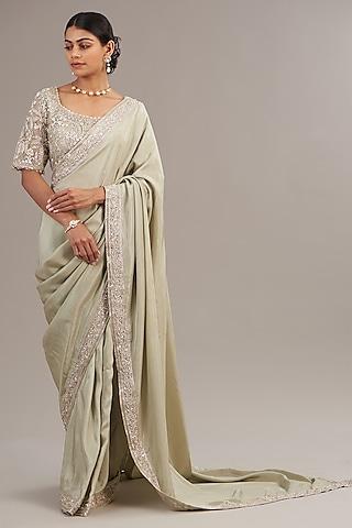 champagne flat silk embroidered saree set