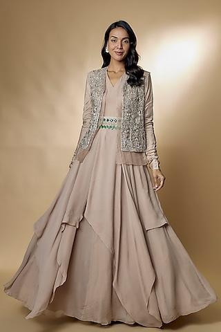 champagne gold chiffon anarkali set