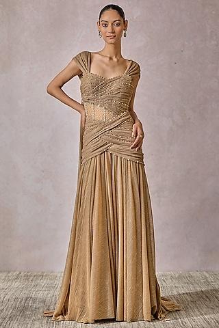 champagne gold cinkle net fluted gown