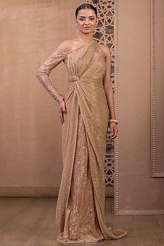 champagne gold crinkled tissue french lace draped maxi dress