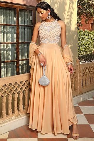 champagne gold georgette & satin embroidered anarkali set