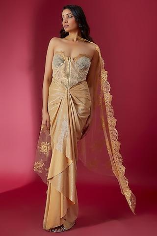 champagne gold metallic lycra embroidered tube gown saree