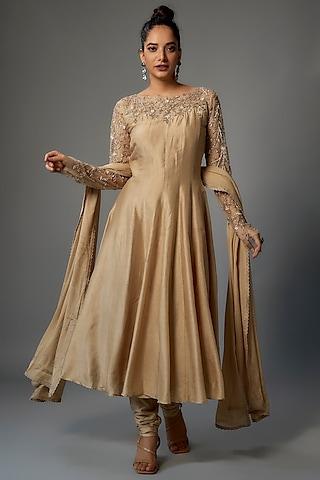 champagne gold russian silk embroidered anarkali set