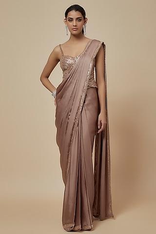 champagne gold satin sequins embroidered saree set