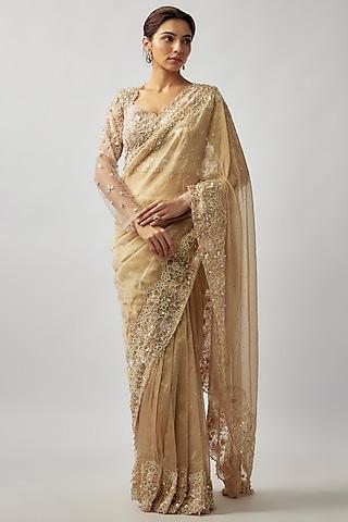 champagne gold tissue organza crystal & glass bead embellished saree set