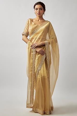 champagne gold tissue organza cutdana embroidered saree set