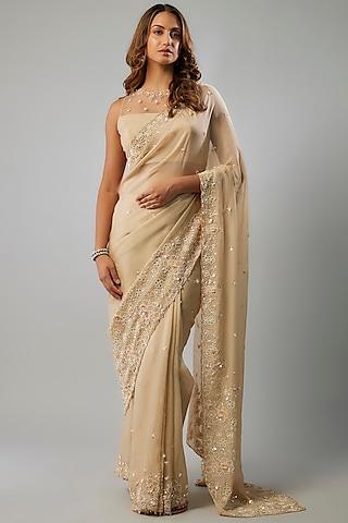 champagne gold tissue silk crystal embellished saree set