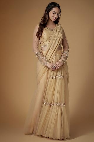 champagne gold tulle beads embellished draped saree set