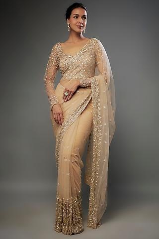 champagne gold tulle crystal embellished saree set