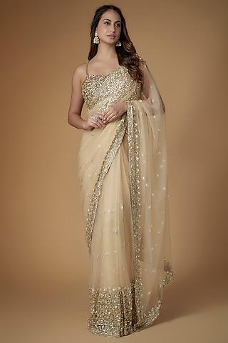 champagne gold tulle crystal hand embellished draped saree set