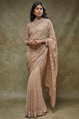 champagne gold tulle hand embellished draped saree set