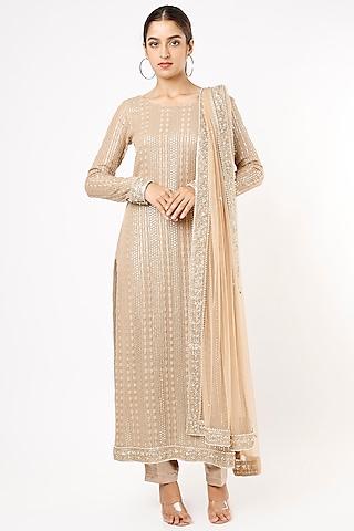 champagne gold viscose georgette thread embroidered kurta set for girls