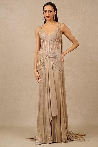 champagne metallic crinkle sequins embroidered mermaid gown