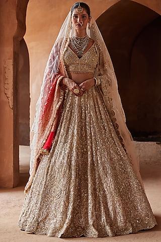 champagne net & satin dabka embroidered lehenga set