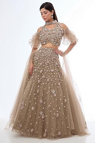 champagne net cutdana & sequins embellished lehenga set