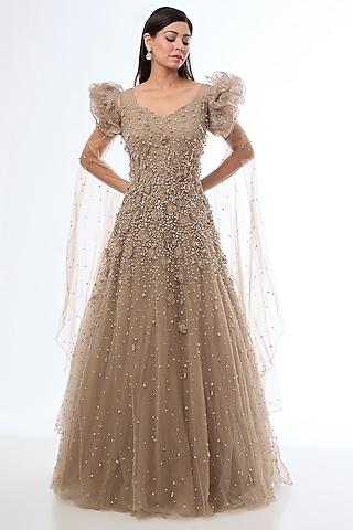 champagne net resham & pearl embellished gown