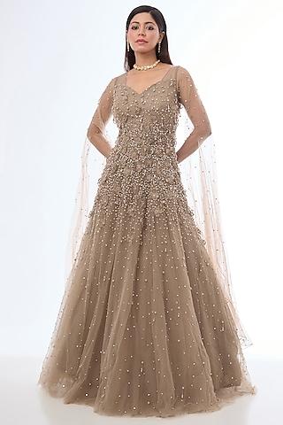 champagne net resham & pearl embellished gown