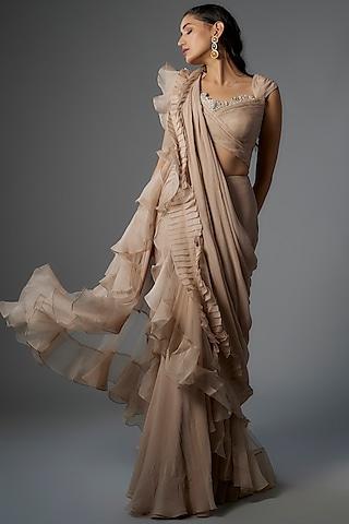 champagne organza & chiffon draped ruffled saree set