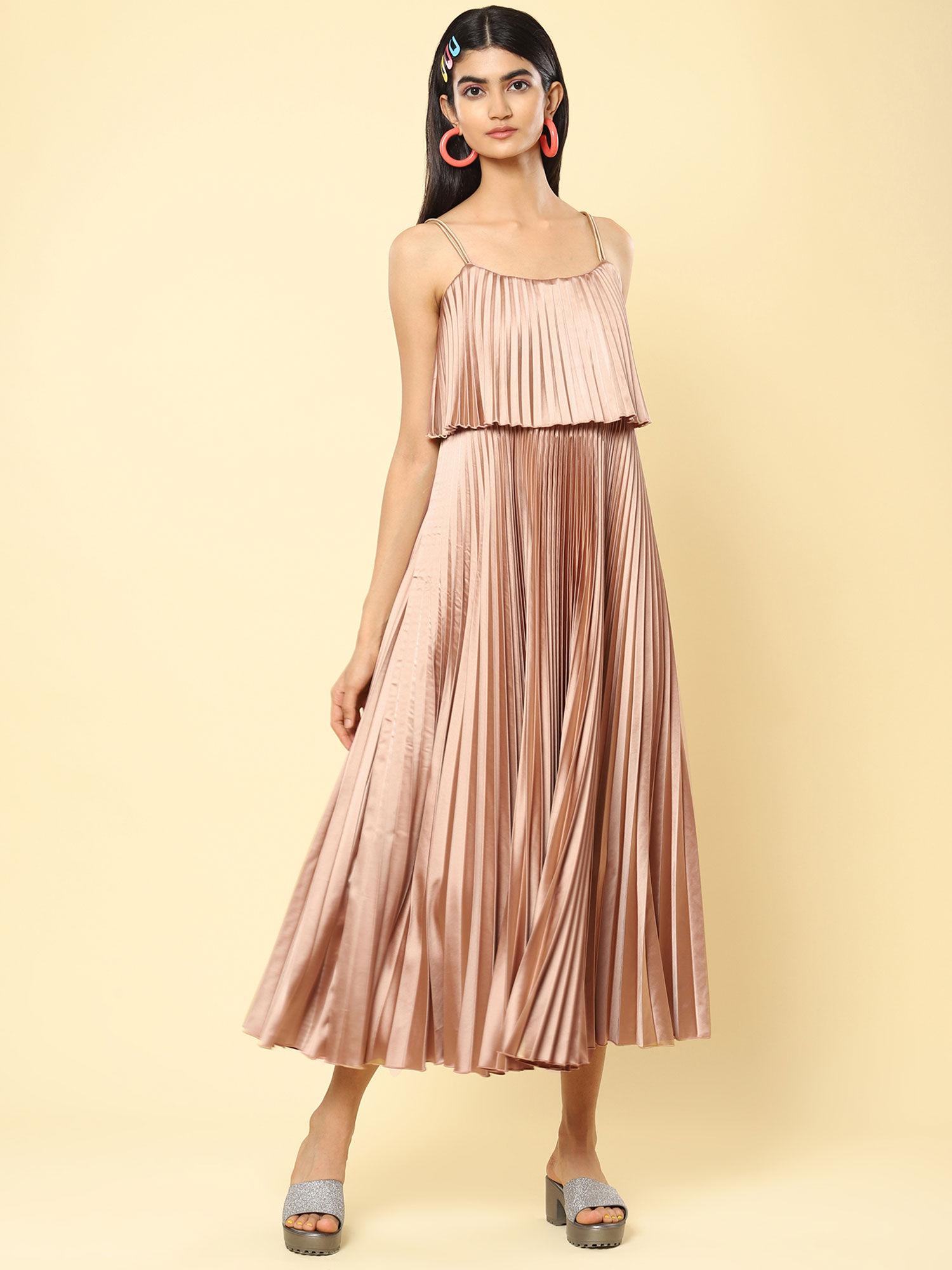 champagne pleated satin maxi dress