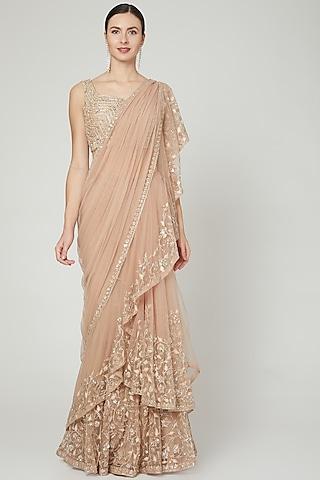 champagne ruffled & embroidered saree set