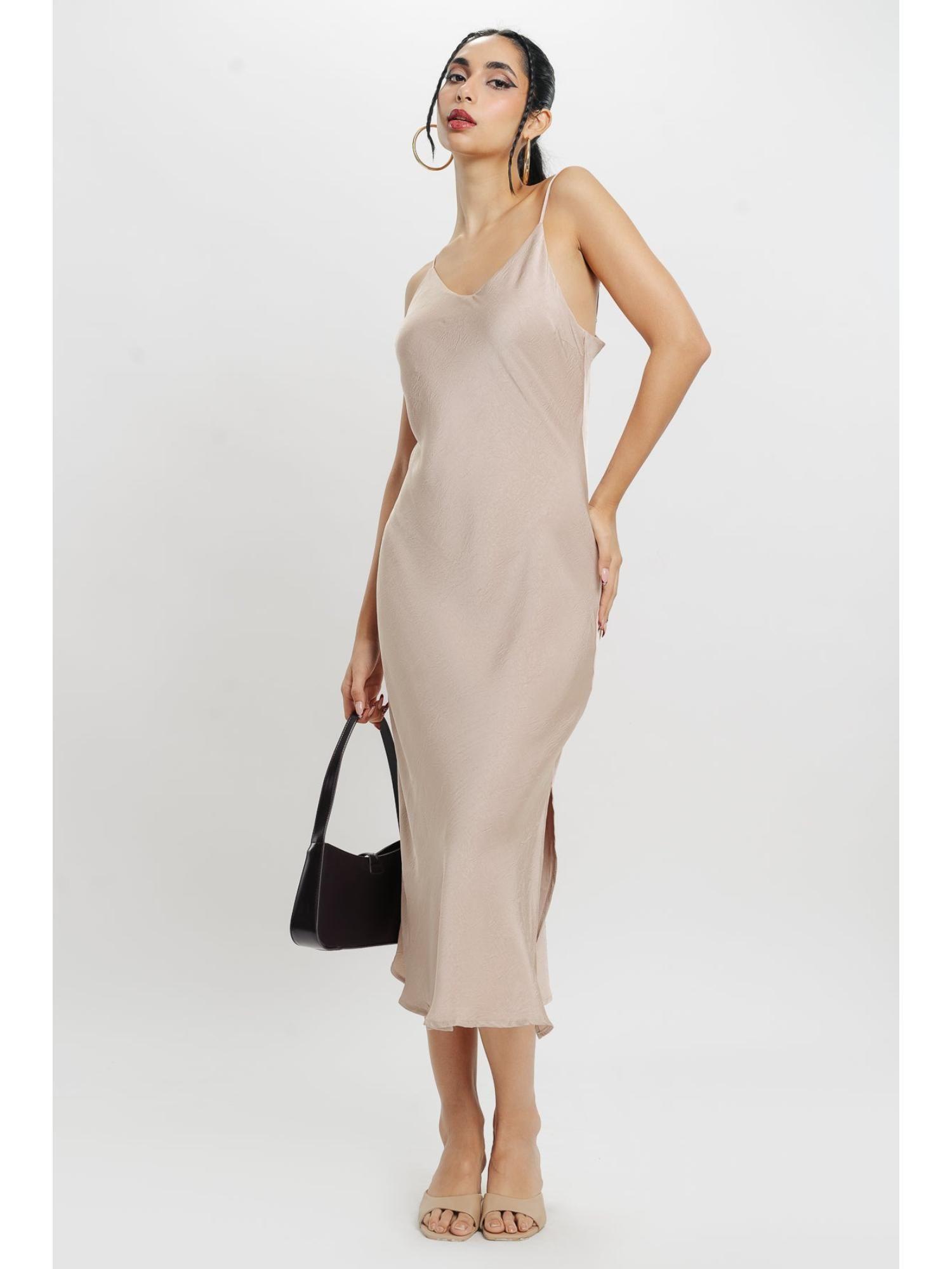 champagne satin pull midi dress