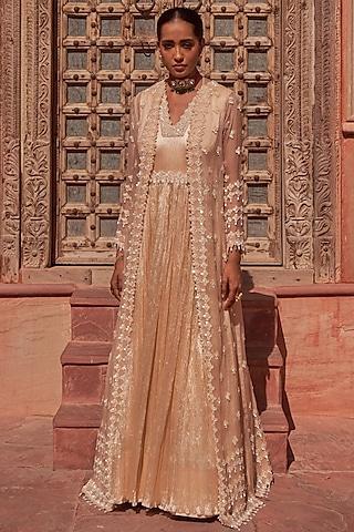 champagne silk hand embroidered anarkali with cape