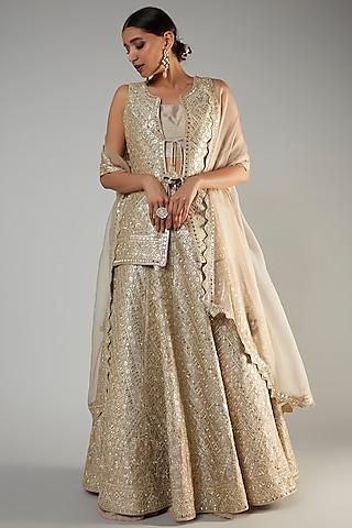 champagne slub silk embroidered jacket lehenga set