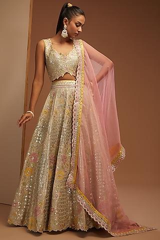 champagne slub silk embroidered lehenga set