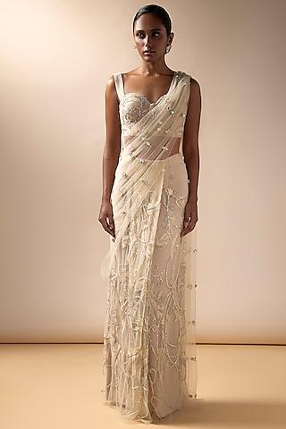 champagne tulle embroidered saree set