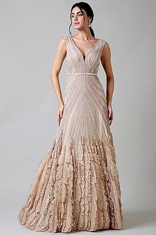 champagne viscose & nylon embroidered gown
