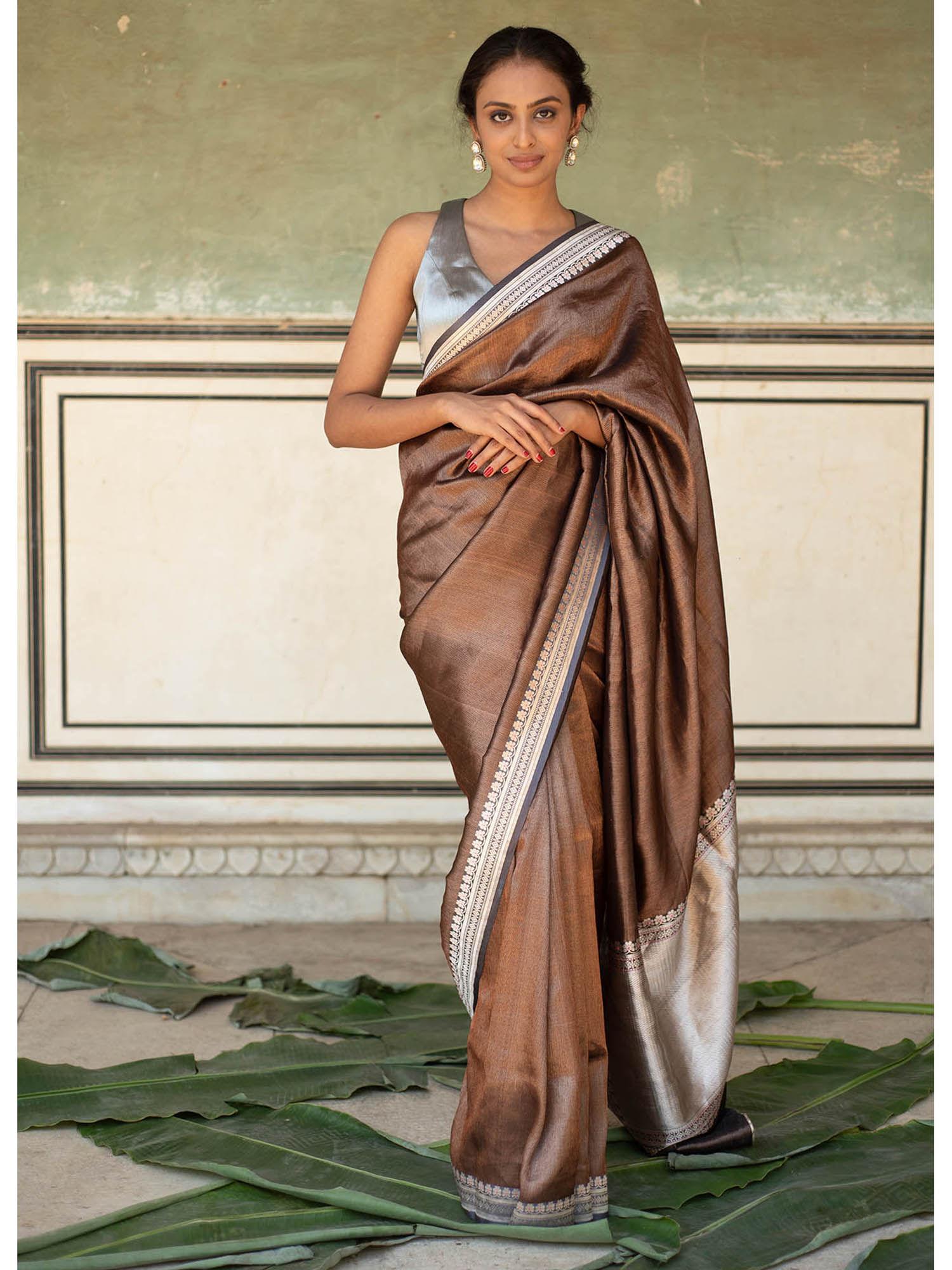 chan - grey and copper silk banarasi saree with unstitched blouse