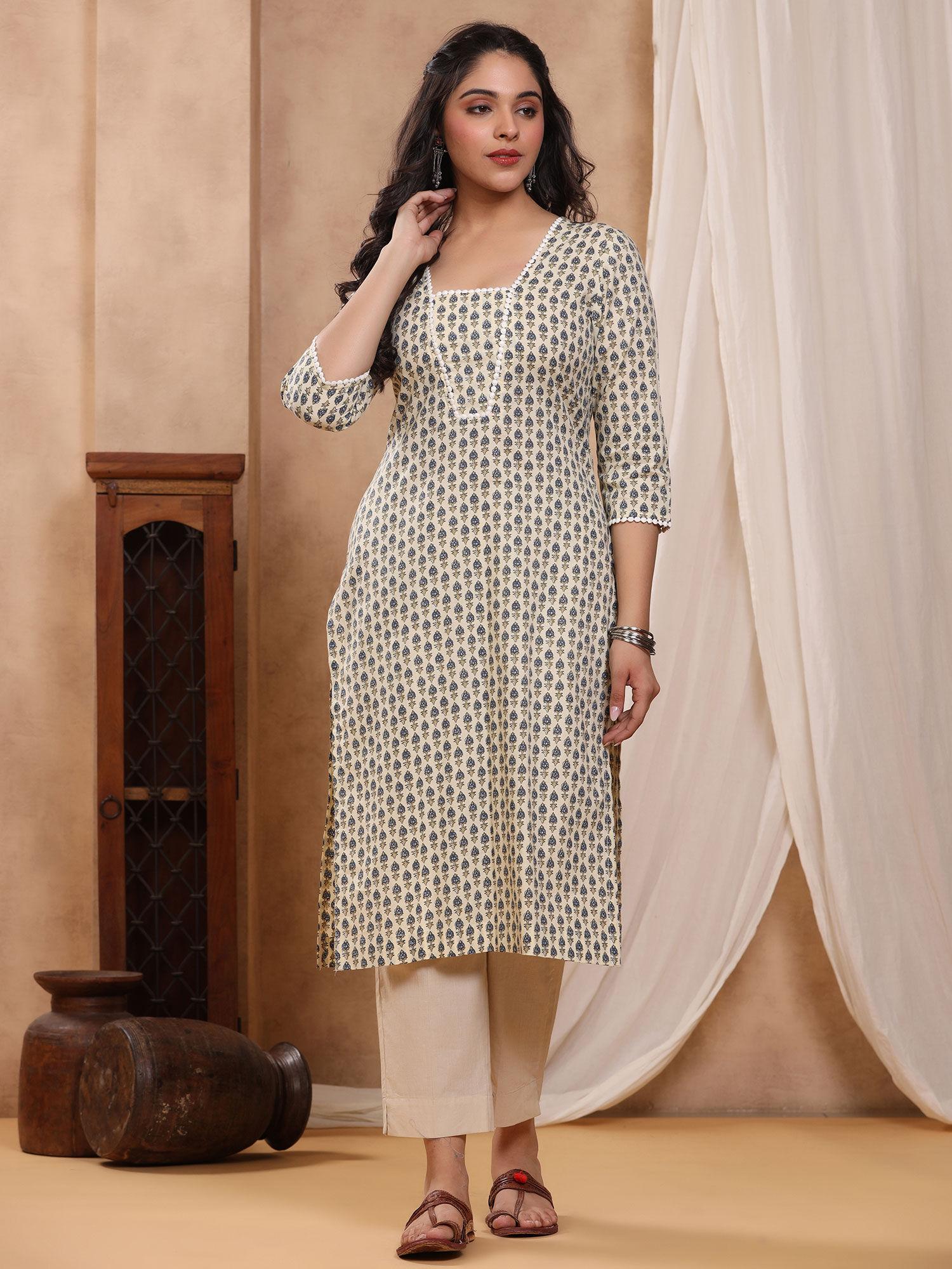 chand beige block print kurti with crochet lace